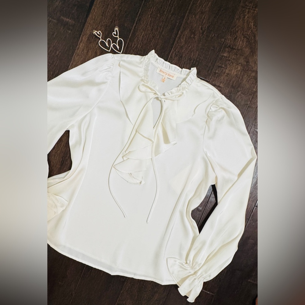 NWT Ivory Ruffle Tie-Neck Blouse